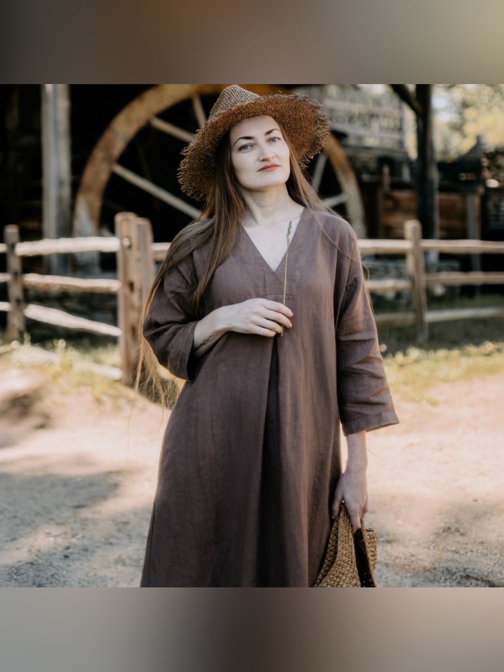 Women's V-Neck Brown Linen Midi Dress - Picture 3 of 9